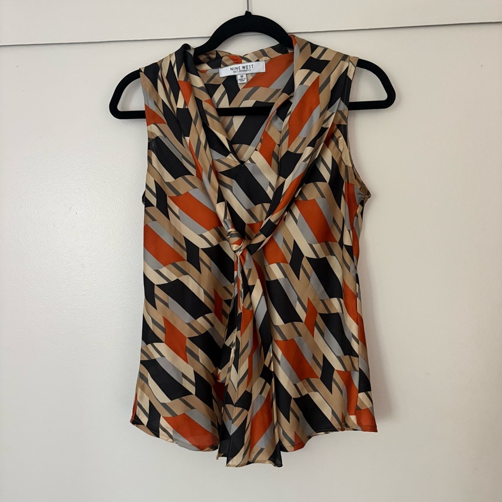 Nine West Geometric Print Sleeveless Cowl Neck Top in Rust, Black & Beige
